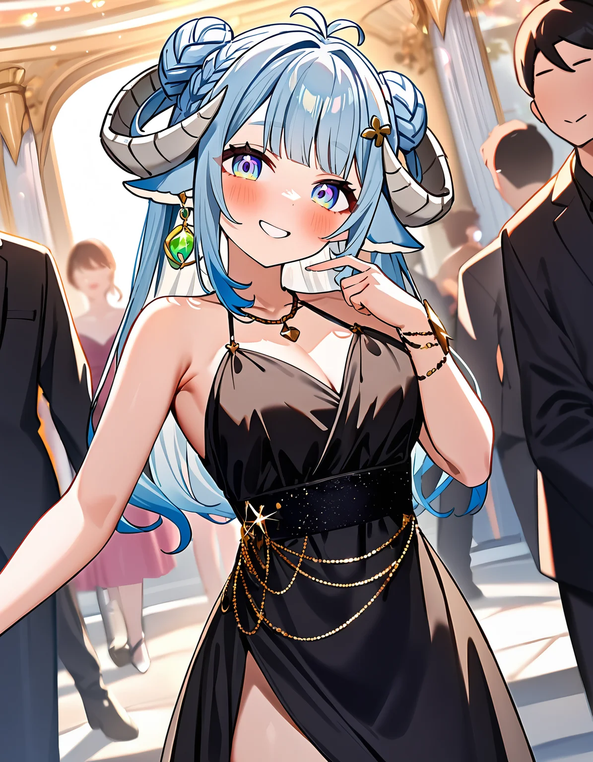 1girl, MinaiAruma, 
blush, highly detailed eyes, big smile, doyagao, 
black dress, formal, (evening gown:1.2), hair ornament, (gold (jewelry, necklace:0.8)), ((green:1.5),crystal earrings:0.9), (side slit:0.6), 
public, (surrounded by people:0.8), looking at viewer, head tilt, cowboy shot, banquet, dutch angle, three-quarter view, (hand on own chin:0.7), 
<lora:MinaiArumaXL_animagine3:1>, masterpiece, newest, absurdres