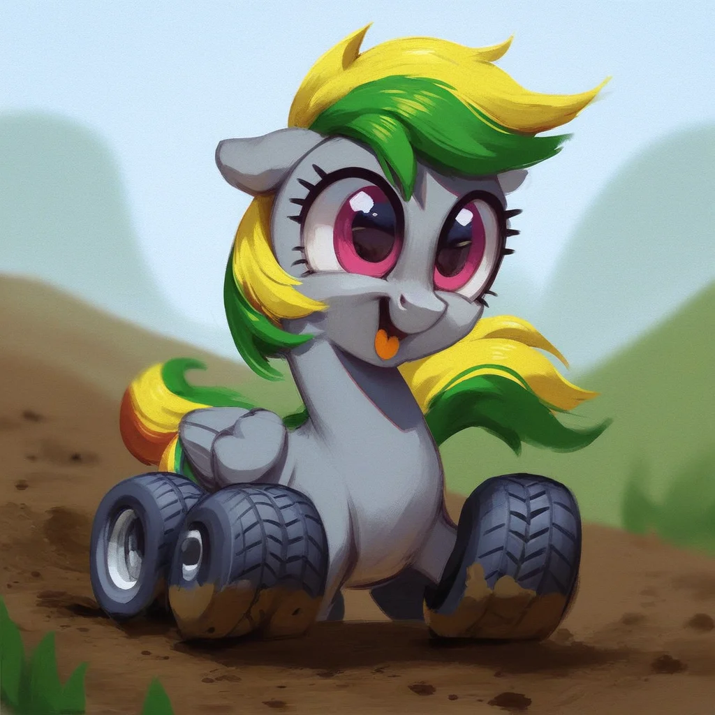 score_9, score_8_up, score_7_up, score_6_up, score_5_up, score_4_up, solo, 1girl, wheely bopper, feral pony, wheelpone, pegasus, folded wings, happy, dirt road, cute, gray body, pink eyes, two tone hair, green and yellow hair,