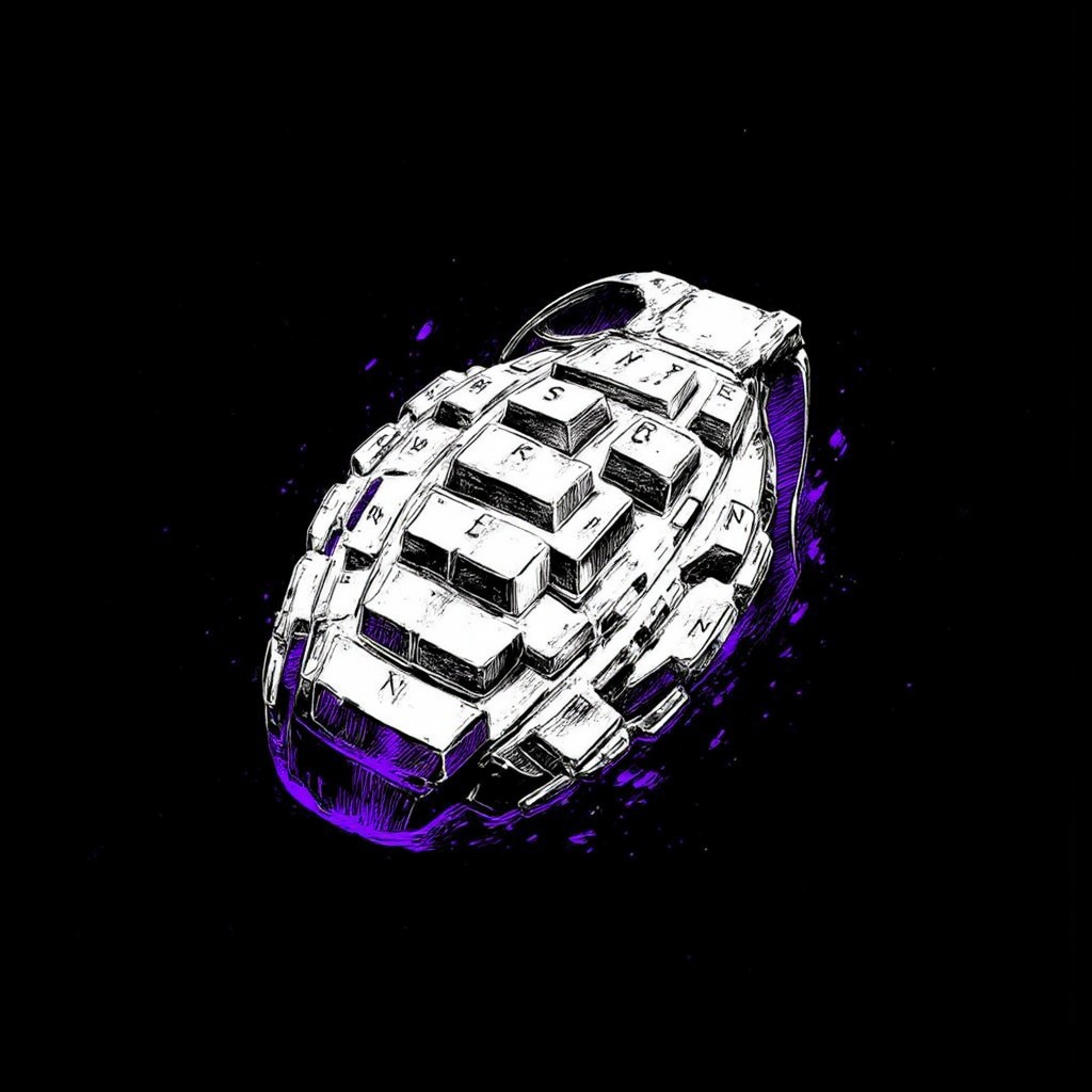 A hand-drawn cyberpunk anime illustration of a hand grenade reimagined with computer keyboard keys. The grenade's body is entirely composed of keyboard keys, arranged to follow its curved shape. The pin and handle remain in their original form, contrasting with the key-covered surface. Sharp, detailed linework defines each key and the grenade's features. Monochrome palette in black and white, with vibrant purple accents highlighting select keys and edges. Set against a solid black background for maximum contrast.