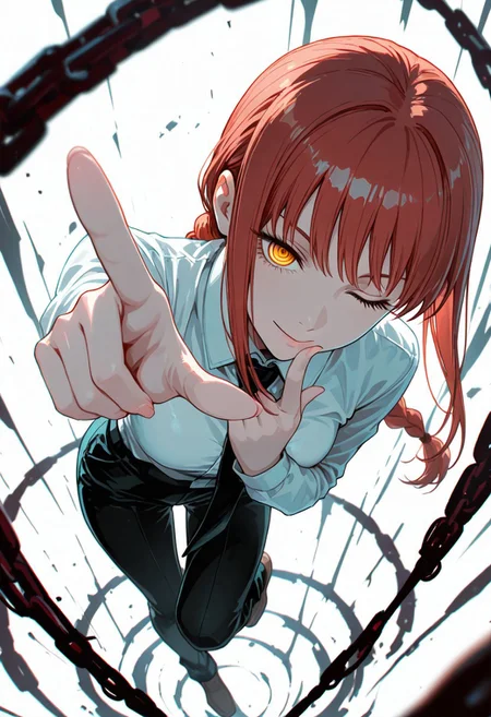 Smooth_Quality, (makima\(chainsaw man), wink, vivid colors, jojo dio pose, full body, pointing at the viewer, facing the viewer, from above, from front, skinny girl, leg up,