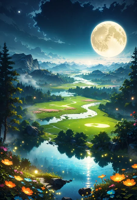 detailed landscape, a lake in the middle of a forest, mountains in background, moon, moonlight reflection, night, stars, insecs, fireflies, flowers, detailed landscape, dark, mist, cgi, cinematic, masterpiece, best quality, very aesthetic, absurdres, <lora:add-detail-xl:1>,  <lora:MJ52:0.25>,  <lora:SDXLFaeTastic2400:0.7>,  <lora:perfect-eyes:1> perfecteyes