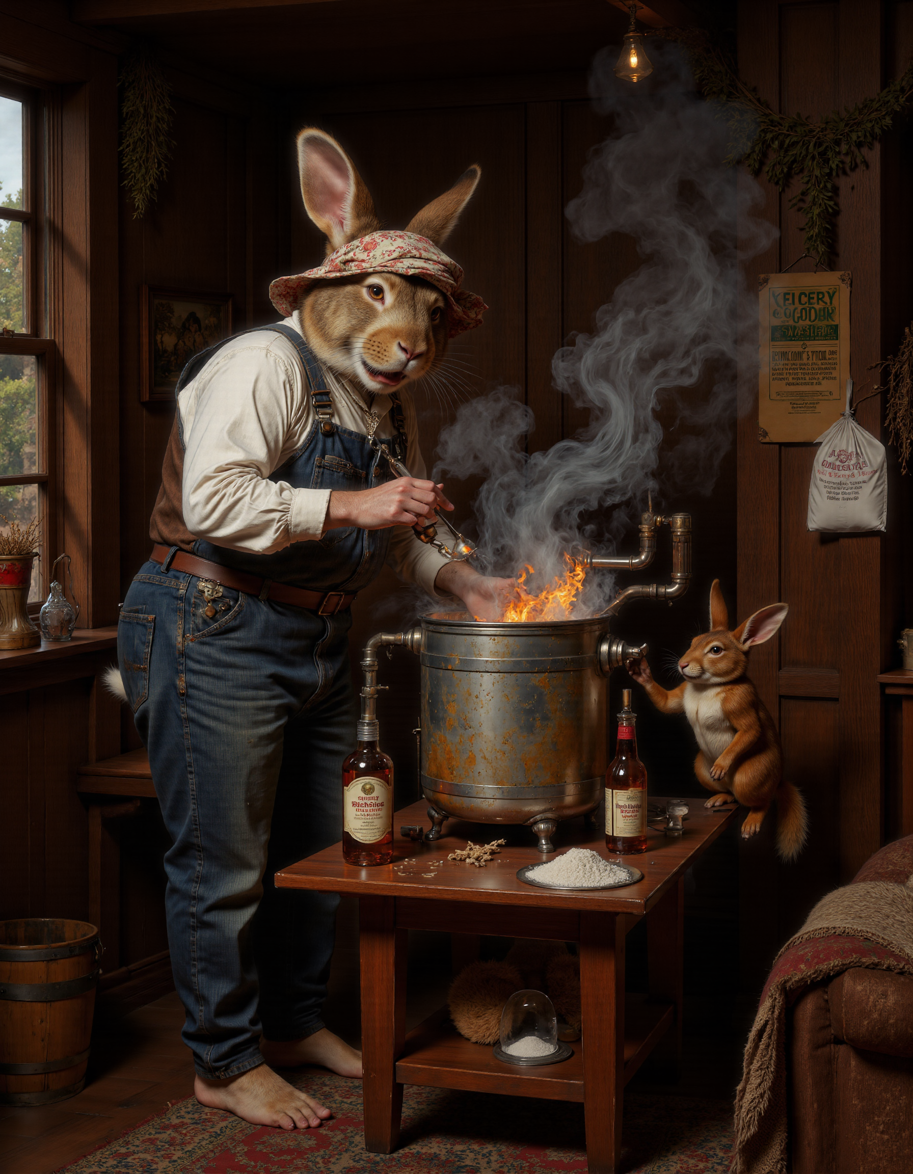 full body shot of Rembrandt style <lora:antr:1>, A comical scene of a mischievous anthropomorphic rabbit running an illegal moonshine still in a cozy woodland cottage. The rabbit is wearing overalls and a bandana, with oversized ears peeking out from under a tilted hat. Itâs furiously stirring a bubbling pot on a homemade stove rigged with copper pipes and barrels, while bottles labeled 'Hareâs Brew' and 'Forest Fire' are scattered around. Smoke fills the air, setting off a small fire alarm or making the rabbit sneeze hilariously. A nervous squirrel peeks through the window, holding a bag of sugar, as if delivering supplies for the operation. The interior is cluttered but charming, with rustic details like wooden furniture, drying herbs hanging from the ceiling, and humorous signs warning about âhigh-proof hares.â Playful lighting and exaggerated expressions add to the humor . Baroque, chiaroscuro, realistic, emotional, "flat lighting. Whole outfit, clear, sharp, balanced