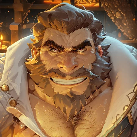 safe_pos, score_9, score_8_up, score_7_up, male focus,  solo, solo focus, SentinelGraves, two-tone hair, white hair, brown hair, short hair, 1boy, lewd smug looking at viewer, flirting, muscular, manly, facial hair, beard, dilf, epic beard, (hairy chest. hairy pectorals:1.4),  hyper pectorals, pulling down own clothes, teasing, sweaty pectorals, musk clouds,  tavern, bar tender, ordering a drink, candle's  vibrant colors,  unaestheticXL_3x3