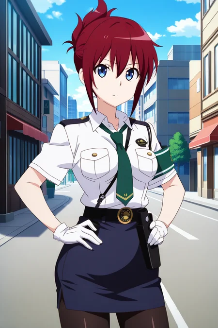 anime screenshot, anime coloring, sakurai aoi, 1girl, solo, red hair, folded ponytail, blue eyes, medium breasts, police uniform, white shirt, collared shirt, short sleeves, green necktie, armband, green armband, blue skirt, pencil skirt, black belt, white gloves, holster, black pantyhose, looking at viewer, closed mouth, hands on own hips, cowboy shot, outdoors, city, street, blue sky, day, masterpiece, best quality, high quality, highres, absurdres, <lora:sakurai_aoi_ILXL_v2:0.9>