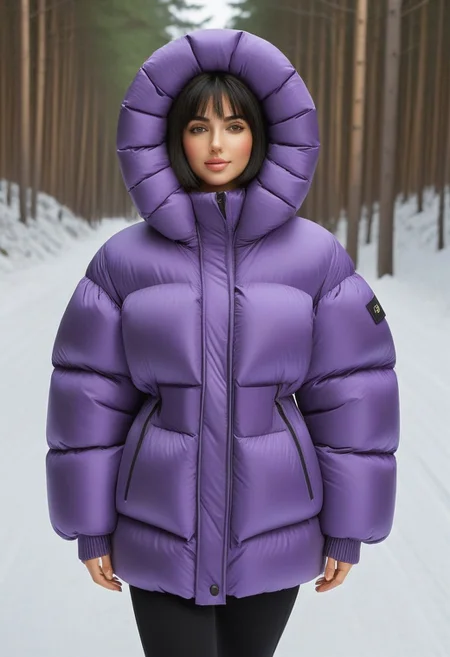 ((((puffer padded jacket)))), ((((puffer padded coat)))), ((((full body)))), ((((fur boots)))), ((((puffer pants)))), ((((puffer hood up)))), winter, snow, forest, 1girl, solo, (masterpiece), detailed face, detailed eyes, (beautiful detailed eyes:1.5), sidelighting, (super detail, hyper detail, intricate_details, detailed), (semi realistic:1.6), (Bob cut), blunt bangs,(black hair), (purple eyes, eyelashs), tanned skin, smug smile, angry face, Golden jewelery, golden rings, golden necklace, golden armlets, golden chains, padded cuffs, padded collar, Thick padded cuffs, Thick padded collar, <lora:Collar-SDXL:0.6>, <lora:Cuffs-SDXL:0.6>, <lora:Puffer_Jacket_and_Down_Jacket_-_Extra_Puffy_Jackets:0.4>, <lora:snowpants_v1:0.4>
