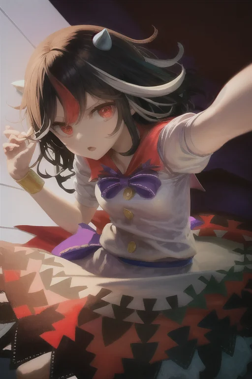 masterpiece, best quality, 1girl, solo, solo focus, (((kijin seija))), horns, red eyes, multicolored hair, black hair, streaked hair, short hair, red hair, white hair, dress, bow, jewelry, bracelet, white dress, blue bow, puffy short sleeves, puffy sleeves, bowtie, blue bowtie, short sleeves, arrow \(symbol\), white shirt, blue sash, purple bowtie, purple bow, buttons, ribbon trim, multicolored clothes, back bow, sash, sailor collar, red sailor collar, <lora:seijaKijin_seijaKijin:1.6>, <lora:death2HorrorLocon_v10:0.6>, (dark), horror \(theme\), monster, 1other,