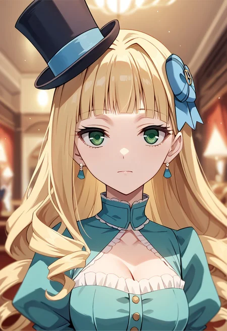 score_9, score_8_up, score_7_up, source_anime, ELIZABETH MIDFORD, 1girl, solo, long hair, looking at viewer, bangs, blonde hair, hat, dress, bow, ribbon, jewelry, closed mouth, green eyes, upper body, earrings, puffy sleeves, blunt bangs, blurry, blurry background, drill hair, green dress, mini hat, top hat