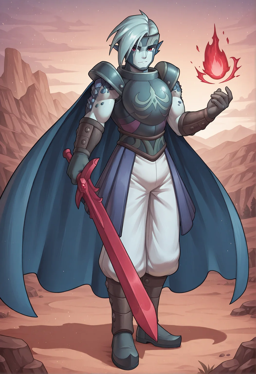 masterpiece, best quality, ultra-detailed, high resolution, absurdres BREAK SaturousGS cliffside, outdoors, 1boy, dragon boy, blue hair, red eyes, blue cape, light blue skin, facial markings, pointy ears, armor, boots, white pants, holding red sword, magic <lora:Saturous_Golden_Sun:1>