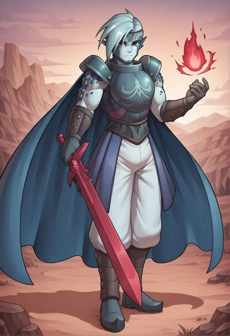 masterpiece, best quality, ultra-detailed, high resolution, absurdres BREAK SaturousGS  cliffside, outdoors, 1boy, dragon boy, blue hair, red eyes, blue cape, light blue skin, facial markings, pointy ears, armor, boots, white pants, holding red sword, magic <lora:Saturous_Golden_Sun:1>