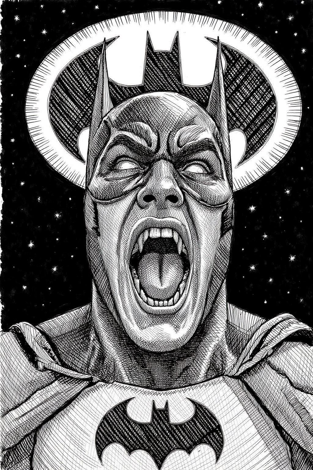 crosshatch black and white drawing of Batman shouting angrily. Background is the bat signal on a dark night sky. <lora:crosshatch1_nocap_d6a3:1.0><lora:807662011816155447:0>