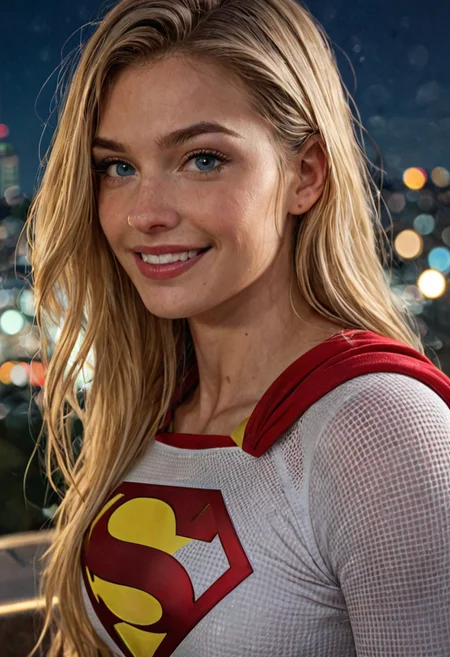 score_9, score_8_up, score_8_up, 1girl, Supergirl, blonde hair, athletic build, white costume, looking at viewer, smiling, close up, outside, cityscape, night time, bokeh, high quality, masterpiece,