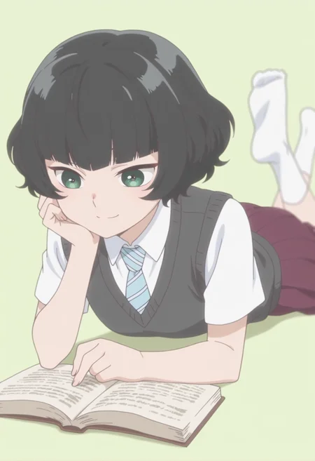 anime screencap, anime coloring, <lora:DX888Hitoha:1> hongou hitoha, green eyes, black hair,short hair, blunt bangs, BREAK school uniform, white shirt, striped necktie, sweater vest, skirt, socks, BREAK simple background, green background, BREAK 1girl, book, closed mouth, depth of field, hand on own cheek, hand on own face, head rest, lying, no shoes, on stomach, open book, reading, smile, soles, solo,