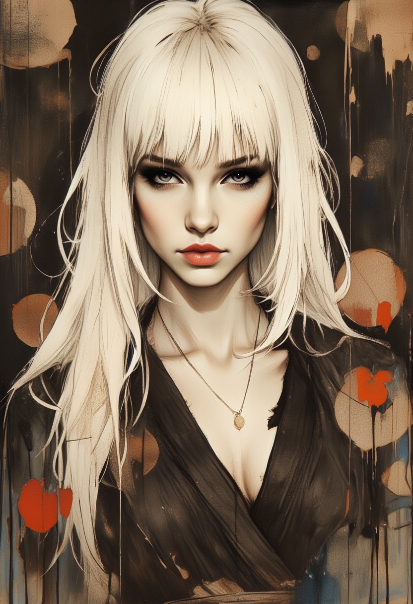 OBxiaoxiang, Inkplash art on rice paper, sepia, henna , Silhouette Art, magnificent, dark background, inksplash portrait of stunning japanese woman, long platinum hair, bangs, seductive, sultry, lustful, red lips, direct gaze, light hitting one side of face, inksplash abstract background