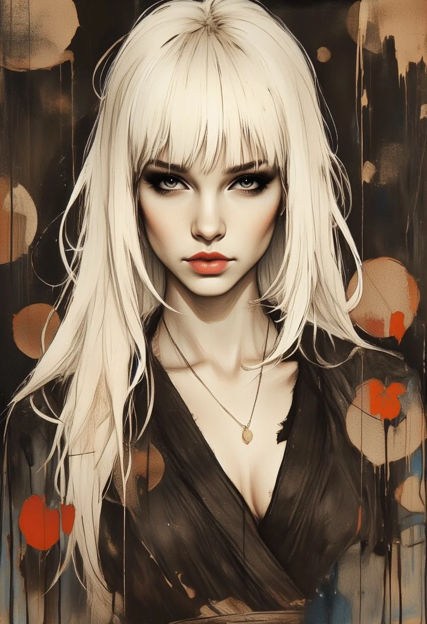 OBxiaoxiang, Inkplash art on rice paper, sepia, henna , Silhouette Art, magnificent, dark background, inksplash portrait of stunning japanese woman, long platinum hair, bangs, seductive, sultry, lustful, red lips, direct gaze, light hitting one side of face, inksplash abstract background