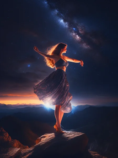 photo of a woman dancing seductively on mountaintop at night with rim lighting, night sky visible galaxies, to8contrast style