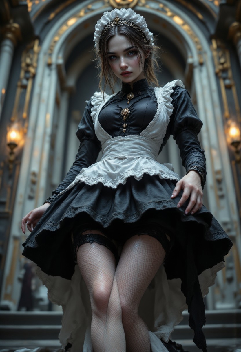 A teenage girl, in the style of Jed-clrfl, aidmafluxpro1.1, aidmaMJ6.1, R3alisticF, Jed-frmd , French Maid , A short, frilly black dress with white apron,  fishnet stockings, black heels (4k, RAW photo, best quality, perfection style, 50mm, depth of field, ultra high res:1.1),(intricate, photorealistic, low angle, cinematic-shot, masterpiece, ultra-detailed:1.1).