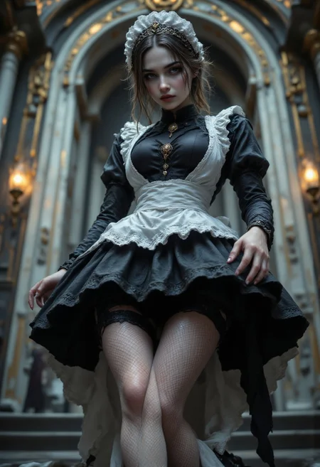 A teenage girl, in the style of Jed-clrfl, aidmafluxpro1.1, aidmaMJ6.1, R3alisticF, Jed-frmd , French Maid , A short, frilly black dress with white apron, fishnet stockings, black heels (4k, RAW photo, best quality, perfection style, 50mm, depth of field, ultra high res:1.1),(intricate, photorealistic, low angle, cinematic-shot, masterpiece, ultra-detailed:1.1).