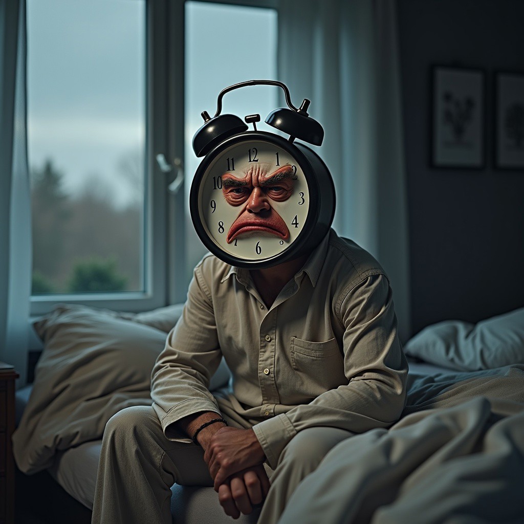 Professional photo of a man with an alarm clock for a head, but this isn't just any clock — it has tired, drooping eyes right above the clock face, red with exhaustion, and dark circles beneath them. The alarm clock's bell rings softly as his mouth, located right below the clock's hands, is twisted into a deep frown, reflecting his bad mood. The eyes blink slowly in irritation, while the frown grows more exaggerated as if he's grimacing at the thought of another early morning.
He's sitting on the edge of his bed, dressed in mismatched, wrinkled pajamas. His bedroom is dimly lit with morning light trickling through the curtains, but the gray skies and the sound of rain hitting the window make the scene feel heavy with reluctance. His alarm clock head shows 6:00 a.m., and even though the clock-face is mechanical, his eyes and mouth perfectly convey how upset he is to be awake at this hour.
The room feels cluttered, with blankets half on the bed and pillows strewn on the floor. His body slumps forward, hands on his knees, staring blankly ahead as if weighing the idea of getting up versus staying in bed. The droopy eyes, coupled with his angry frown, perfectly encapsulate the frustration of waking up too early — a scene that captures his disdain for the morning as he contemplates the long day ahead.
