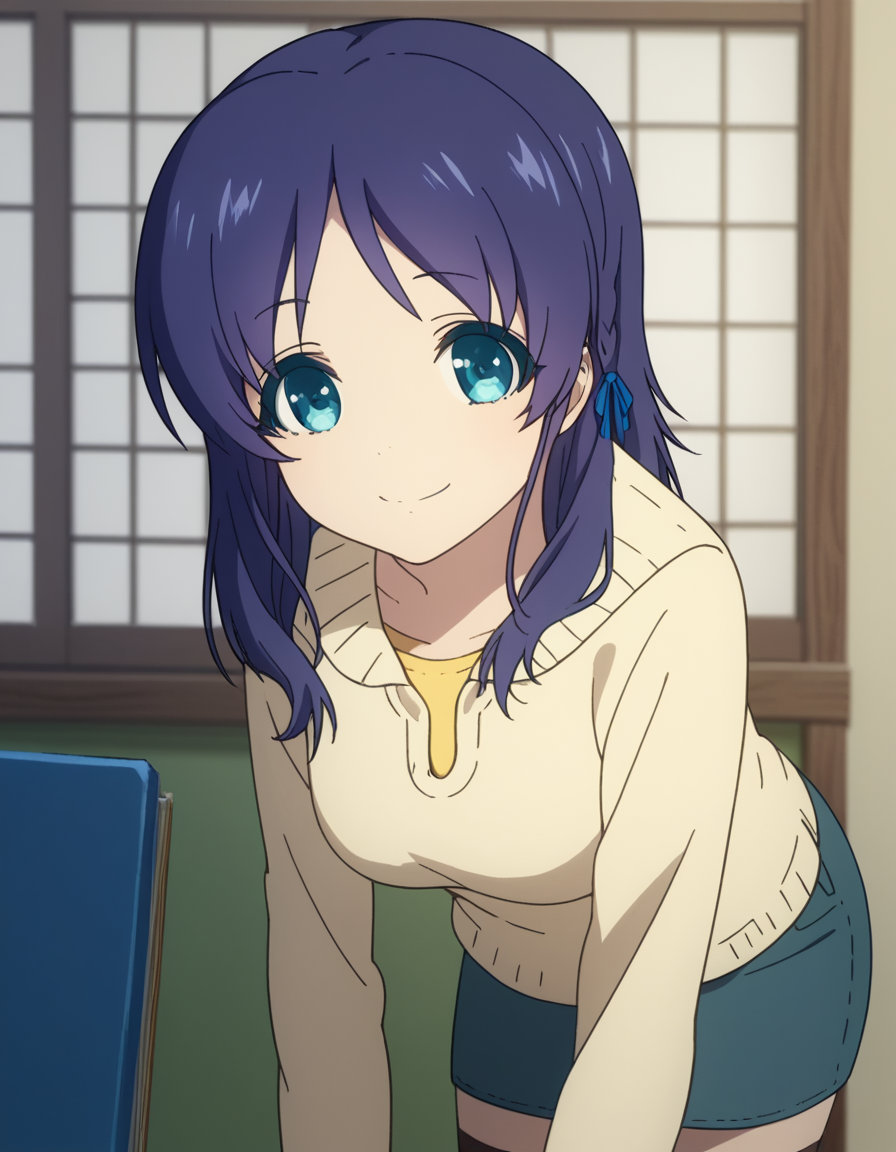 score_9, score_8_up, score_7_up, source_anime,
chisakihiradaira, <lora:chisaki-hiradaira-s1-ponyxl-lora-nochekaiser:1>,
chisaki hiradaira, long hair, blue eyes, blue hair,
skirt, thighhighs, zettai ryouiki, casual, pencil skirt, denim skirt,
indoors, bent over, smile,
looking at viewer, cowboy shot, dutch angle, solo,
