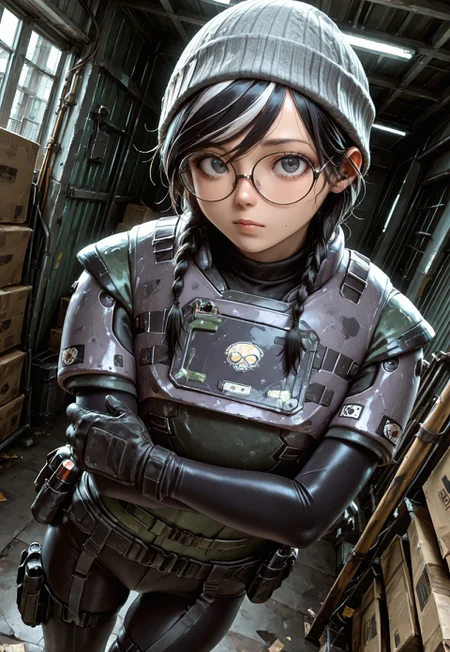 lazypos, masterpiece, best quality, dynamic angle, 1girl, solo, dokkaebir6s, black hair, streaked hair, twin braids, beanie, black glasses, body armor, flak jacket, breastplate, long sleeves, black gloves, black leggings, belt, leg straps, arms crossed, warehouse, looking at viewer