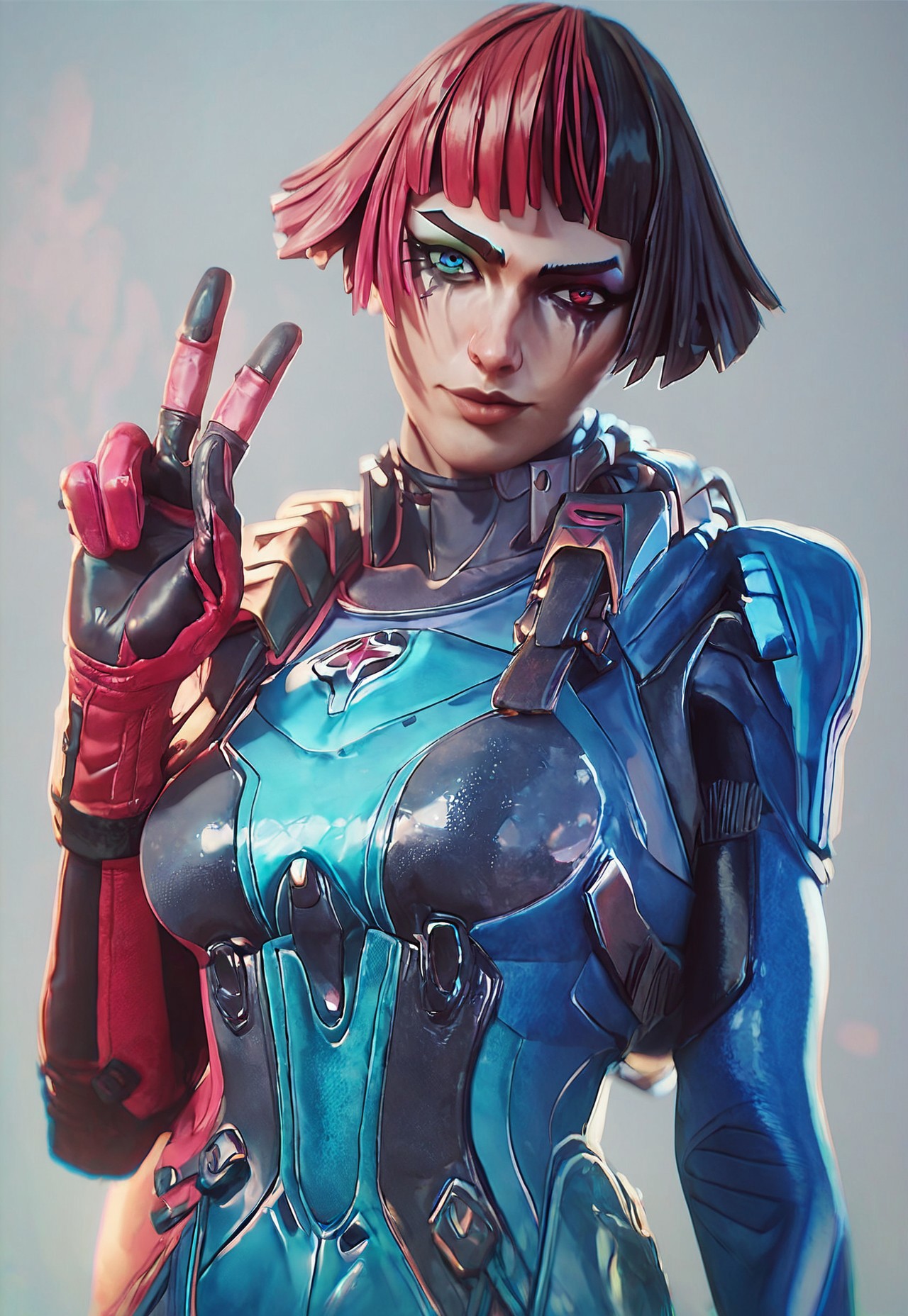 score_9, score_8_up, score_7_up, detailed face,
1girl, patho_fragpunk, two-tone hair, red hair, black hair, heterochromia, blue eye, red eye, zero suit, pink and blue zero suit, eye makeup, mascara, bangs,
looking at viewer, peace sign, posing off,