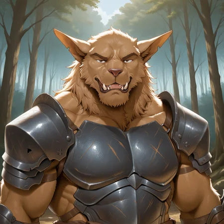 masterpiece, best quality, amazing quality, very aesthetic, absurdres, newest, mizukigai, (male), b_b34r, furry, pointed ears, fangs, brown fur, forest, upper body, looking at viewer, armor, solo, brown eyes