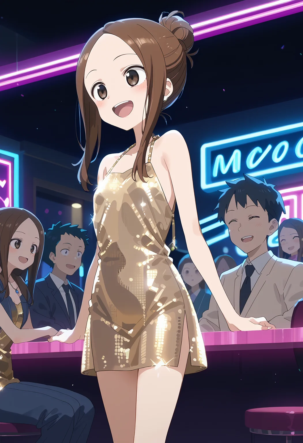 score_9,score_8_up,score_7_up,best quality,masterpiece,anime screencap,anime coloring,<lora:takagi-san_v1.0:1>,takagi-san,long hair,hair bun,laughing,<lora:micro_gold_dress_v0.6-pony:0.8>,disco dress,microdress,nightclub,neon lights,