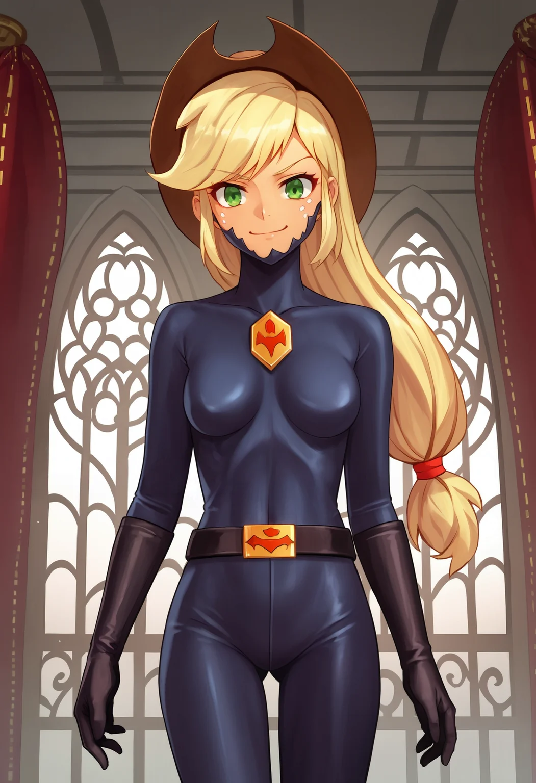 zPDXL, source_anime,
human applejack,
evil smile, closed mouth,
zofa bodysuit, zofa belt, black gloves, zofa on face, chest jewel,
standing, cowboy shot, solo,
indoors,
<lora:zofa-pdxl-006:0.6>