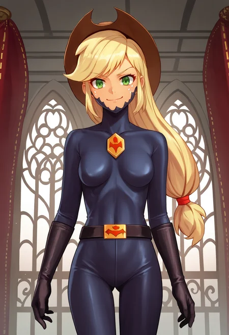 zPDXL, source_anime,
human applejack,
evil smile, closed mouth,
zofa bodysuit, zofa belt, black gloves, zofa on face, chest jewel,
standing, cowboy shot, solo,
indoors,
<lora:zofa-pdxl-006:0.6>