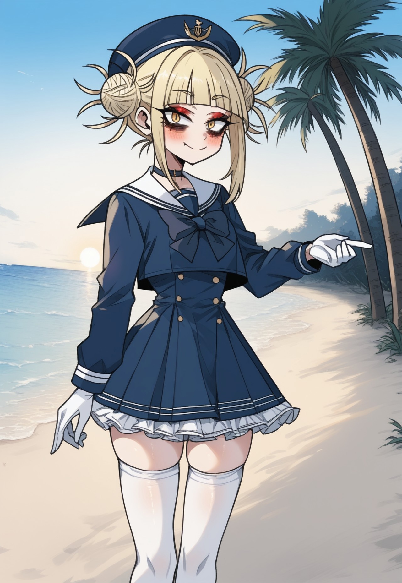 safe_pos, score_9, score_8_up, score_7_up, anime , rating_explicit, anime screencap, anime style, dizzle, makeup, makeup, eyeliner, bags under eyes, Perfect hands, Perfect fingers, Perfect eyes, reij-nmrt, beutiful face,
beach, water, palm trees, sand, blue sky, sun, 
Jedhmkto, blonde hair, messy buns, Yellow eyes, closet mounth,
Jed-Salr, Navy Blue Mini Dress, White Trim,  White Sailor Collar,  Nautical Stripes,  White Thigh-High Stockings, Red Heels, Sailor Hat,  White Gloves, Sailor Cuffs, White Petticoat