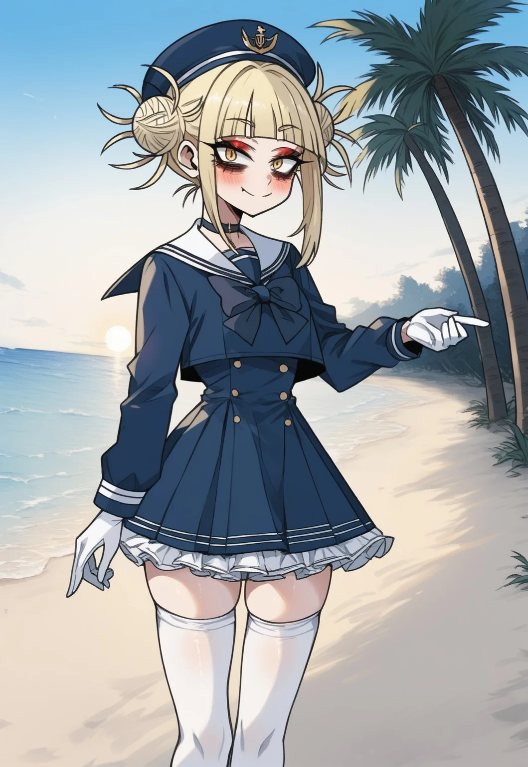 safe_pos, score_9, score_8_up, score_7_up, anime , rating_explicit, anime screencap, anime style, dizzle, makeup, makeup, eyeliner, bags under eyes, Perfect hands, Perfect fingers, Perfect eyes, reij-nmrt, beutiful face,
beach, water, palm trees, sand, blue sky, sun,
Jedhmkto, blonde hair, messy buns, Yellow eyes, closet mounth,
Jed-Salr, Navy Blue Mini Dress, White Trim, White Sailor Collar, Nautical Stripes, White Thigh-High Stockings, Red Heels, Sailor Hat, White Gloves, Sailor Cuffs, White Petticoat
