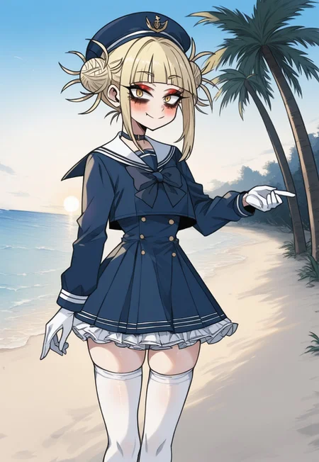 safe_pos, score_9, score_8_up, score_7_up, anime , rating_explicit, anime screencap, anime style, dizzle, makeup, makeup, eyeliner, bags under eyes, Perfect hands, Perfect fingers, Perfect eyes, reij-nmrt, beutiful face,
beach, water, palm trees, sand, blue sky, sun, 
Jedhmkto, blonde hair, messy buns, Yellow eyes, closet mounth,
Jed-Salr, Navy Blue Mini Dress, White Trim,  White Sailor Collar,  Nautical Stripes,  White Thigh-High Stockings, Red Heels, Sailor Hat,  White Gloves, Sailor Cuffs, White Petticoat