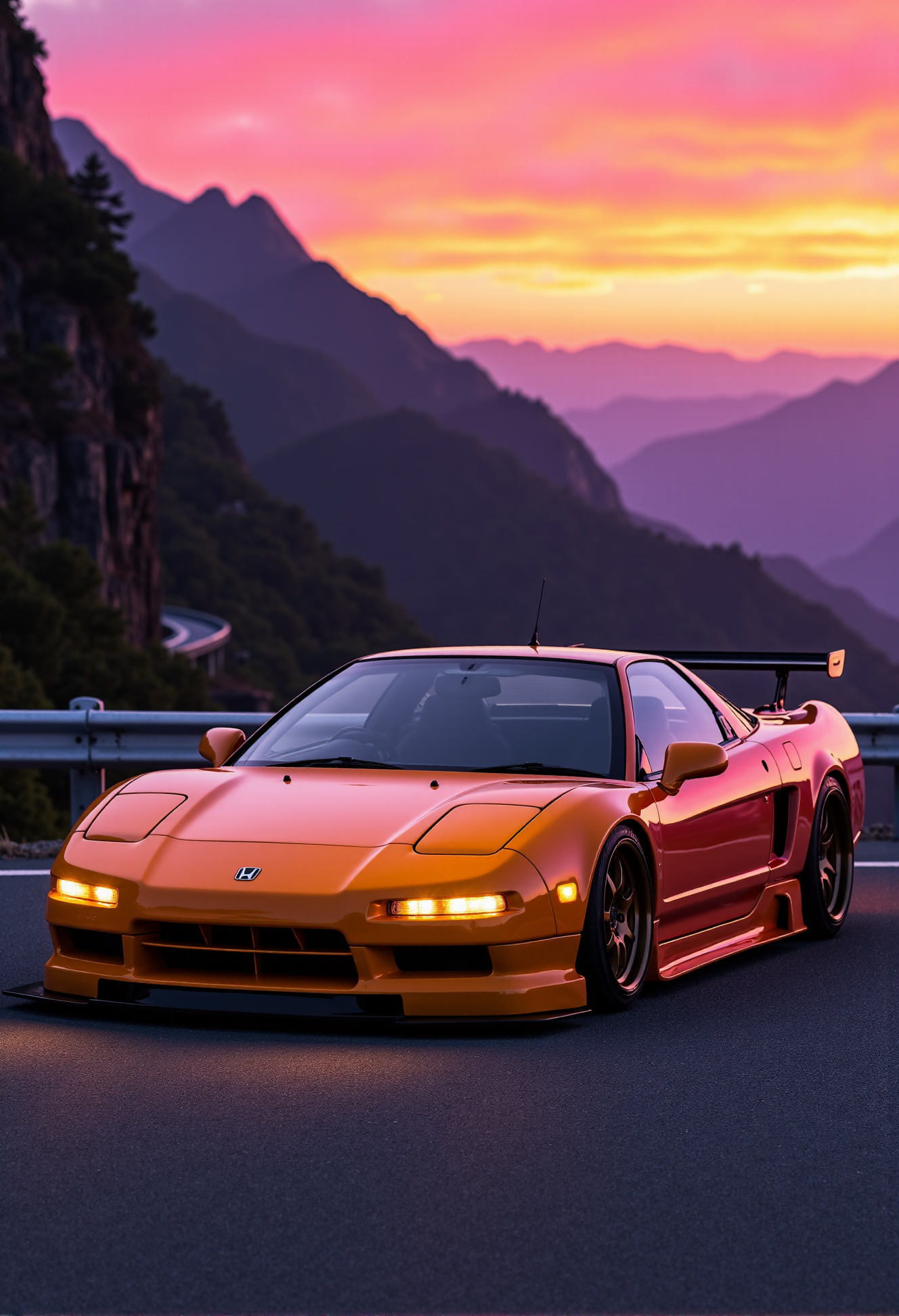 <lora:Honda_NSX:0.80>
(A from a three-quarter view:1.3) of the Honda NSX NA1 from '91, a JDM icon carved with angular precision for raw performance, its body adorned with a smooth gradient from Sunset Orange at the front to Golden Amber at the rear, the fiery orange front blazing under the vibrant sunset of a mountain pass while the amber rear catches the purple sky with a warm, molten glow. From this three-quarter perspective, the pop-up headlights pierce the twilight, their sharp rectangular edges glowing softly, while the wide front fascia exudes unyielding aggression, the gradient paint flowing seamlessly across the flat hood, enhancing the angular lines with a fiery transition. The Volk Racing CE28N wheels, 17-inch at the front and 18-inch at the rear, finished in bronze, sit tucked beneath the chiseled fenders, their lightweight design amplifying the Honda NSX NA1’s impossibly low stance, as if it’s clawing the asphalt in defiance of gravity. The razor-sharp panel gaps between the hood and bumper reveal meticulous engineering, a testament to Honda’s F1-inspired legacy, while the glass-like windshield curves subtly, catching streaks of the setting sun. This three-quarter front shot magnifies the Honda NSX NA1’s commanding presence, its angular silhouette cutting through the serene backdrop of rocky cliffs and winding roads. The background blurs into a warm haze of sunset glow, making the Sunset Orange to Golden Amber gradient the focal point, its molten transition igniting with every shift of light. This isn’t just a Honda NSX NA1—it’s a symbol of JDM heritage, captured in a moment of untamed beauty.
