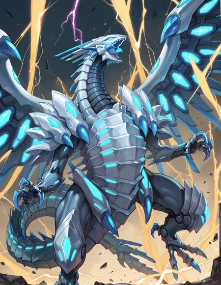 (score_9:0.9),score_8_up,score_7_up,rating_safe,anime style,(zPDXL),(zPDXL3),
<lora:blue eye chaos max dragon ponyXL v1.2:0.79>,mecha dragon,blue eye chaos max dragon,open mouth,sharp teeth,solo,glowing eyes,((energy)),looking above,lightning,no iris,