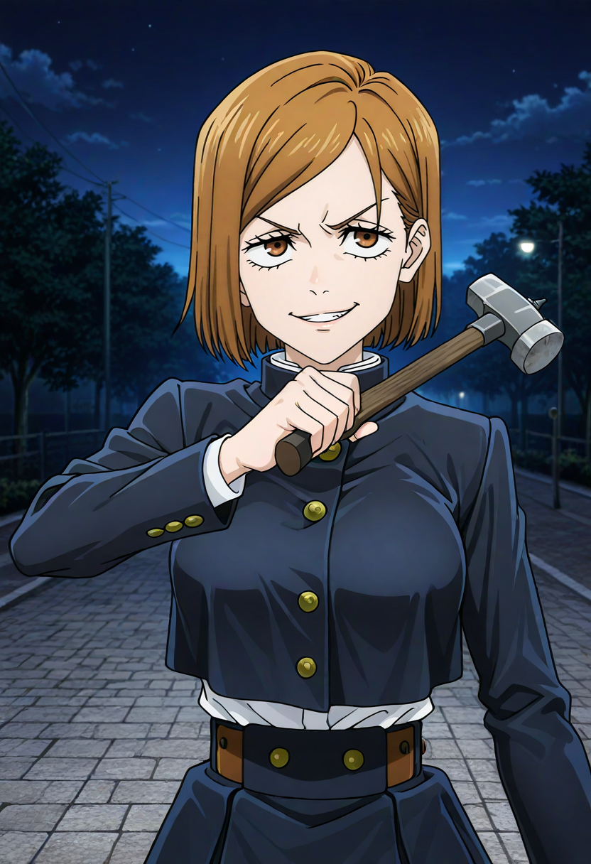 masterpiece, best quality, absurdres, highres, detailed background, <lora:hyperSD8:1>,
 <lora:KUGISAKI_NOBARA:1>  1girl, kugisaki nobara, smug,  mad, fighting stance, outdoors, night, holding hammer, big eyes,