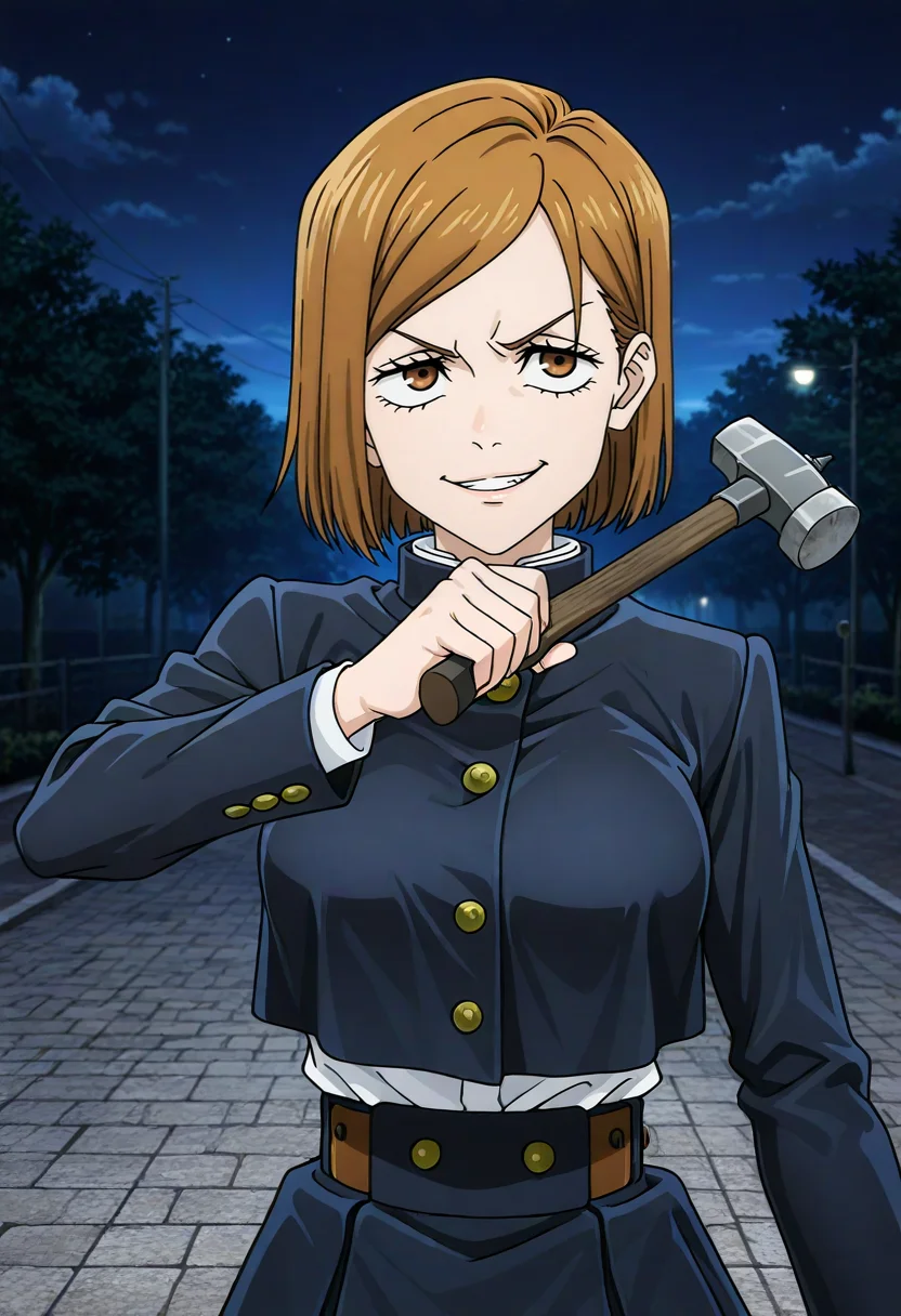 masterpiece, best quality, absurdres, highres, detailed background, <lora:hyperSD8:1>,
<lora:KUGISAKI_NOBARA:1> 1girl, kugisaki nobara, smug, mad, fighting stance, outdoors, night, holding hammer, big eyes,