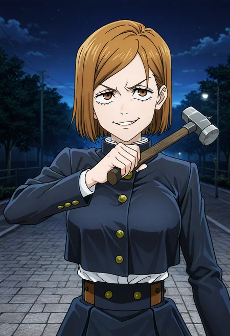 masterpiece, best quality, absurdres, highres, detailed background, <lora:hyperSD8:1>,
<lora:KUGISAKI_NOBARA:1> 1girl, kugisaki nobara, smug, mad, fighting stance, outdoors, night, holding hammer, big eyes,