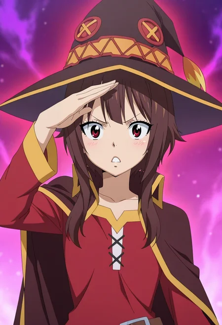 masterpiece, best quality, anime screencap, anime coloring, official style, intricate details, , 1girl, megumin, brown hair, red eyes, witch hat, solo, squinting in disbelief, hand shading eyes, surprised expression, standing pose, morning glow, <lora:fairy_tail_style_ilxl:1>, fairy_tail_style,