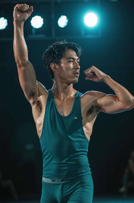 A HD high-quality dramatic photo of an Asian male contemporary dancer in mid-motion, sweat glistening on his body as he performs under stage lights. His damp armpits are prominently visible through his teal sleeveless top. The shot is taken from a side angle, emphasizing the elegance and power of his movement. the stage lighting creates a cinematic atmosphere around him.
🎯<lora:flux\my\damp\Damp Armpits Flux v1_05 pre07.safetensors:1.4000000000000001:1.4000000000000001>
<lora:flux\sports_photography_flux_000013300.safetensors:0.3:0.3>
<lora:flux\Sony_a7_III.safetensors:0.7000000000000001:0.7000000000000001>
<lora:flux\Anti-BlurFLUX.safetensors:0.12:0.12>
<lora:flux\Sweaty-000001.safetensors:0.9:0.9>
📌[LoRas Used]: Damp Armpits Flux v1_05 pre07, sports_photography_flux_000013300, Sony_a7_III, Anti-BlurFLUX
📌[LoRas Used with Diogod's Block Analysis Presets]: Sweaty-000001