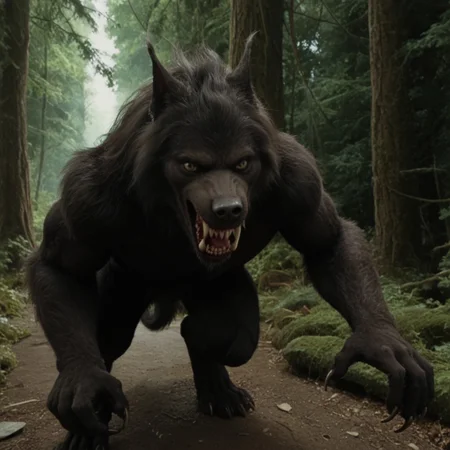 score 9, score 8, score 7, score 6, 1boy, furry male, solo, black fur, animal ears, yellow eyes, sharp teeth, claws, werewolf on down on all paws with tail in the air, wagging tail, trying to look friendly, forest