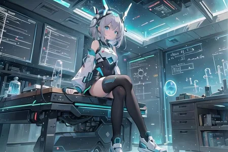 (masterpiece), (science fiction:1.4), 1girl, sitting, smile, silver hair, aqua eyes, headgear, long sleeves, detached sleeves, glowing energy clothing, light particles