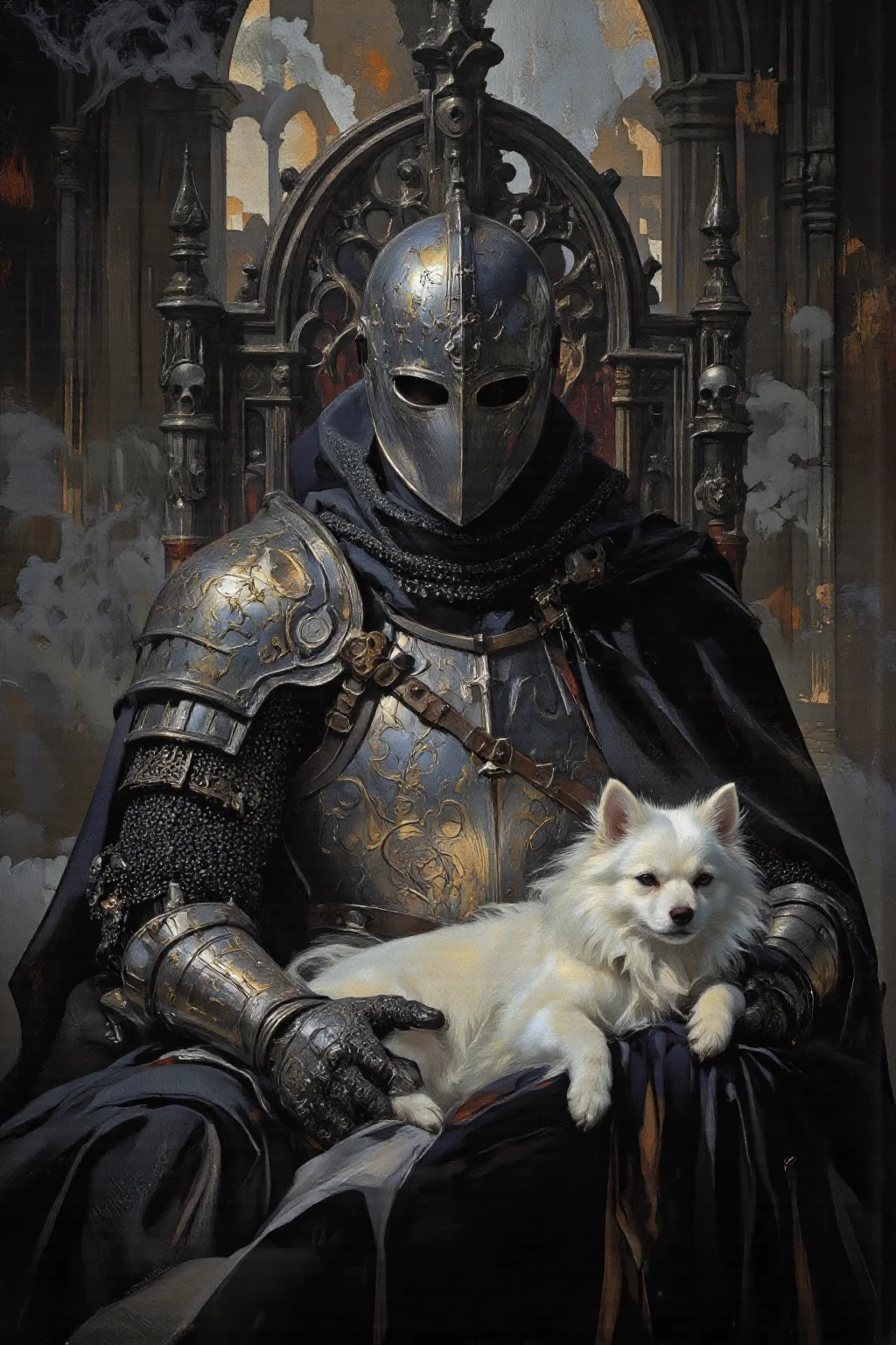 **(Oil painting, realism, highly detailed)** A masterfully painted oil depiction in the style of Albert Bierstadt, blending Gothic inspiration with ethereal realism. A Knight Templar sits regally upon an intricate throne, his presence exuding enigmatic authority. His finely crafted plate armor gleams cold and polished, adorned with etched patterns of swirling vines and sacred crosses. The great helm, imposing and mysterious, conceals his features, while a flowing black robe cascades over his form, its textured folds adding depth and weight to his solemn demeanor.
At his side, a pure white Pomeranian rests, its silky fur rendered with luminous softness, a stark contrast to the knight’s unyielding steel. The scene is monochromatic, bathed in deep blacks and grays, enhanced by a shadowy atmospheric depth. The Gothic throne, adorned with carved arches, angular spires, and eerie skull motifs, looms behind him, its structure embodying both grandeur and decay. Abstract smoky textures weave through the background, further emphasizing the surreal interplay of light and shadow.
The composition captures a haunting elegance—strength and tenderness juxtaposed in a surreal balance. The knight’s armor, reflecting dynamic light play, stands as a symbol of power and loyalty, while the delicate presence of the Pomeranian introduces an unexpected moment of quiet majesty. The medieval tone, regal contrast, and striking visual depth create a compelling fusion of solemnity and surrealism. **HD, 8K quality, ultra-detailed, masterpiece artwork, flawless anatomy.**