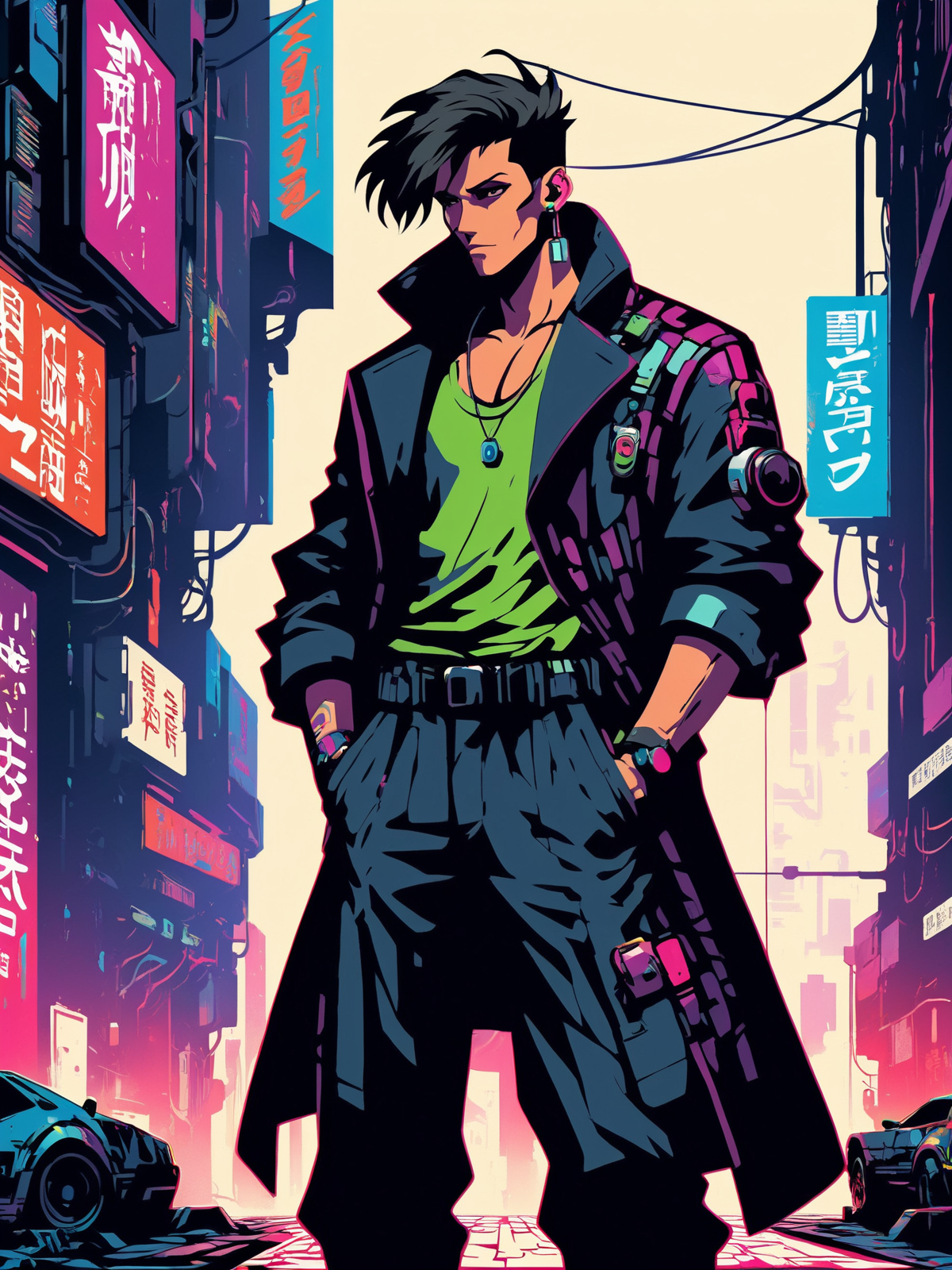 mad-stncl, man cyberpunk alley <lora:Stencil_Art_SDXL:0.8>, (masterpiece:1.2), best quality