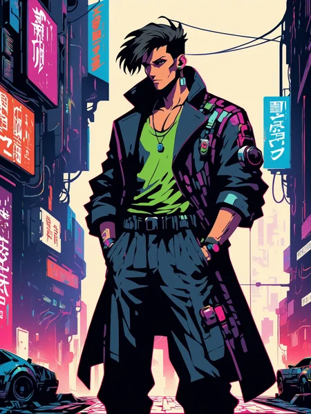 mad-stncl, man cyberpunk alley <lora:Stencil_Art_SDXL:0.8>, (masterpiece:1.2), best quality