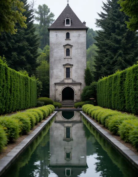 A tranquil scene of a tall, narrow tower with light gray stone walls and a steep, shingled roof. The structure has symmetrical windows, including an oval-shaped window near the top and traditional shutters framing a lower window. At the base of the tower is a large arched doorway that opens up to reveal a distant landscape. The building is perfectly reflected in a long, still pond that stretches in front of it, flanked by lush, manicured green hedges on both sides. The symmetry of the scene is emphasized by the clean, geometric lines of the hedges and the waterâs mirror-like surface. The background is filled with dense trees, adding a sense of peaceful isolation. The atmosphere is serene and calm, with soft, diffused daylight illuminating the garden, and the stillness of the water enhancing the reflective quality of the architecture. aidmaHyperrealism <lora:aidmaHyperrealismv0.3:0.8>  <lora:Sinfully_Stylish_.02_for_FLUX:0.8> in the style of Jed-clrfl <lora:flux-colourful:0.6>  <lora:FluxDFaeTasticDetails:0.8>
