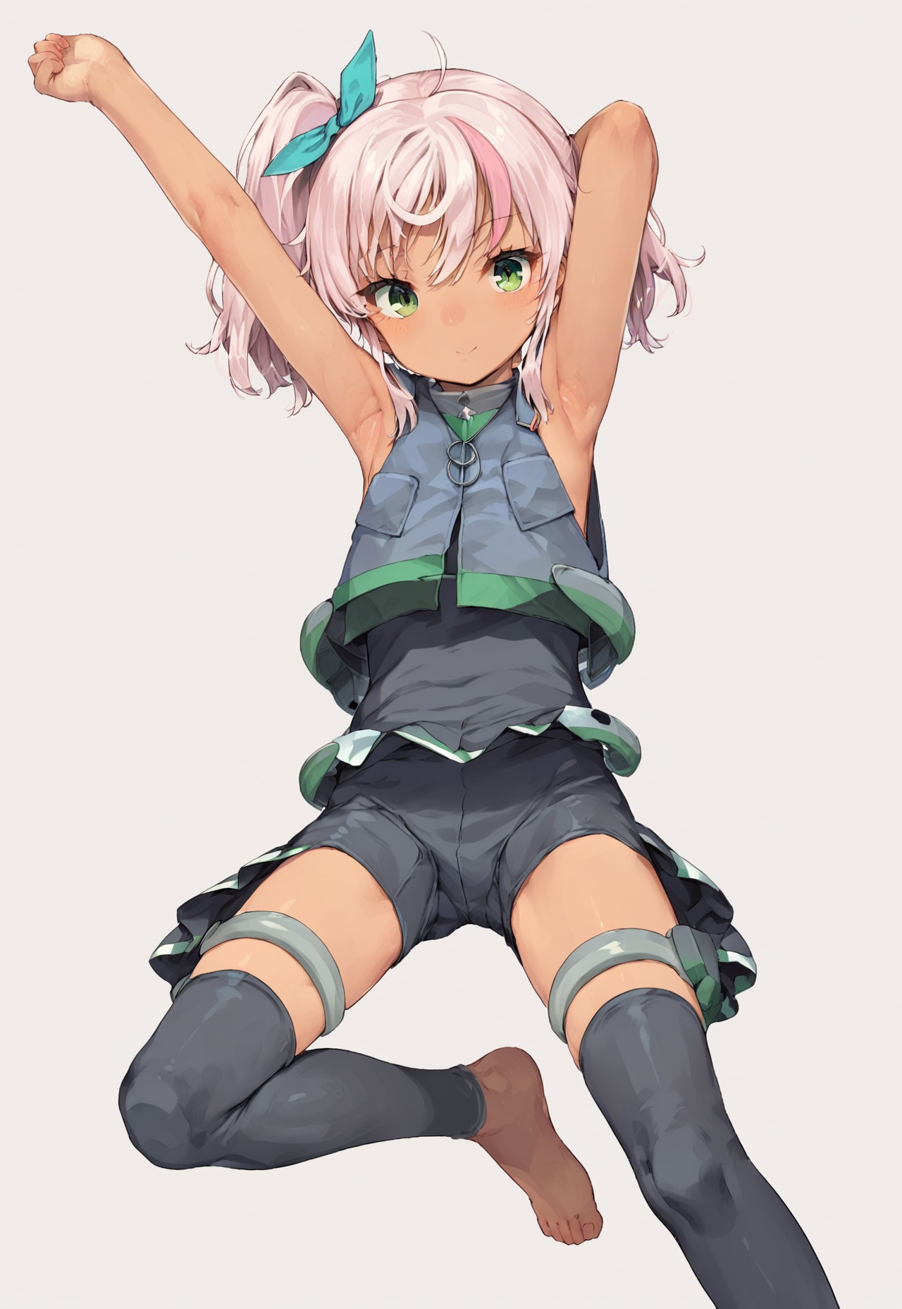 score_9, score_8_up, score_7_up, source_anime, i-503 (kancolle), thighhighs, black thighhighs, armpits, shorts, bodysuit, barefoot, vest, bow