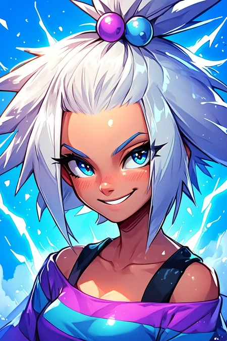 score_9, score_8_up, score_8, medium breasts, (curvy), cute, eyelashes, BREAK, , zzRoxie, blue eyes, white hair, hair bobbles, topknot, striped dress, <lora:Roxie_Pokemon_PDXL_Citron:0.8>, , BREAK, embedding:zPDXL, Expressiveh, <lora:EnergyCAT:1.0>, solo, smile, looking at viewer, upper body, purple electricity, aura, blue sky, <lora:SDXLFaeTastic2400:0.5>, <lora:Expressive_H-000001:0.4>,