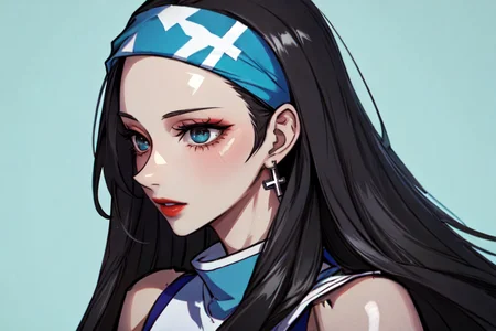 highly insanely detailed, masterpiece, top quality, best quality, highres, 4k, 8k, RAW photo, (very aesthetic, beautiful and aesthetic),
beth_\(megami_tensei\),bethsmtii,shin megami tensei ii,long hair,black hair,straight hair,sleek black,jewelry,cross,headband,red_lipstick,
<lora:zs_Beth:0.8>,
(1girl:1.3), 1other,
a colorful background,(color splash background:1.4),âââ