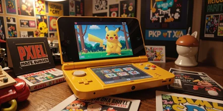 filmfotos,film grain,reversal film photography,Vibrant Nintendo 3DS console with pixel-perfect Pikachu interface, showcasing nostalgic video game pixel art on its screen, surrounded by retro posters and warm, grainy movie stills in the background, with a shallow depth of field and soft, film-**** texture.
