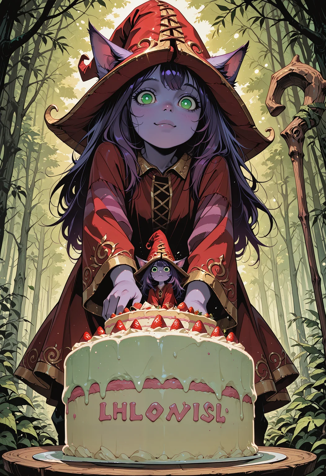 embedding:IllusP0s, codex sss chroma,2DVFX,
1girl,Pix,Lulu-L0L, long hair, dark purple hair, green eyes, purple skin, cat ears, yordle,Big red and gold hat, long red and gold dress, purple striped sleeve, mage dress, wooden staff
Yordle forest, magical forest, colorful, 2D, anime style, whimsical, looking at cake, (cake with big round eyes:1.2), cute cake character, adorable, playful, lush greenery, soft sunlight, detailed background, fantasy, magical elements, ornate costume, purple hair, green and purple theme, beautiful expressive eyes, childlike wonder, enchanting, highly detailed, cover illustration
dynamic pose, foreshortening, extreme perspective